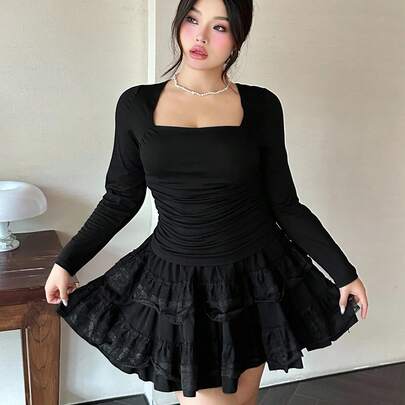 플러스플러스 사이즈 스퀘어 칼라 패딩 가슴 러치 핏 긴소매 티셔츠