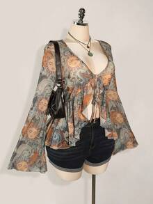 SHEIN ICON Áo len dệt kim buộc trước in họa tiết cổ điển Y2K cỡ lớn, họa tiết Paisley thần Mặt trời, phong cách Boho, áo cánh in họa tiết mỏng tay loe, lễ hội âm nhạc, kỳ nghỉ hè - Màu xanh lam - Xem 3