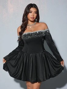 Viva Relle Vestido de manga larga con decoración de burbujas, de moda, versátil y con un ambiente romántico de vacaciones, talla grande - Negro - Ver 2
