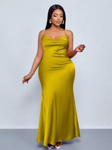 SOLERSUN 大码女装 挂脖、吊带、摆领、口袋领、低腰、交叉露背、鱼尾、长款绿色抹茶绿连衣裙、性感优雅派对礼服、姐妹晚礼服、女士长款缎面女装/春季女装 婚礼宾客礼服 女式演唱会服装 - 芥末黃 - 查看 3