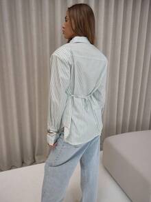 MUSERA Neck Tie Detail Button Down Cinch Tie Waist Stripe Shirt Classy Sexy Streetwear   Night Out Elegant . Holidays, Party Spring - Multicolor - View 2