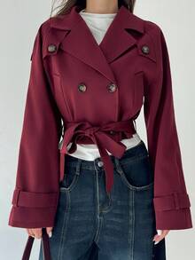 Aloruh Minimalist Commuter Brown Cinched Waist Waist Cropped Khaki Women Trench Coat, Suitable For Autumn - Coffee Brown - View 1