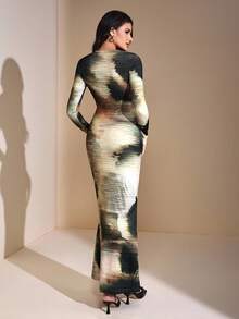 JIAN LASALA Elegant Gradient Print Long Sleeve Maxi Knit Dress Women Spring Autumn Casual Long Dress Earth Tone Maxi Dress Abstract Print Maxi Dress Long Sleeve Maxi Dress Long Tight Dress Bodycon Maxi Dress Elegant Dresses For Women Going Out Party Dress Winter Evening Dress Luxury Stylish Clothing Collection