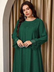 Graceveil 女士圆领长袖长上衣和直筒裤蕾丝拼接宽松休闲高端舒适大码套装 - 綠色 - 查看 3