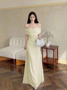 Modelyn Váy cưới/tiệc tùng trễ vai nhún eo thanh lịch cho nữ - Màu be - Xem 6