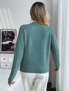 EMERY ROSE New Floral Trim Round Neck Loose Casual Women Sweater - Green - View 2