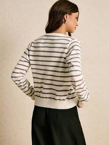 Poéselle 女士条纹长袖针织开衫和无袖针织上衣休闲两件套，秋季 - 灰色 - 查看 4