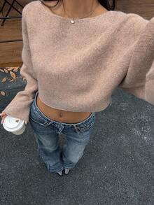 Lumivelle 2025 New Fashion Loose Casual Minimalist One-Piece Design Knitted Cover Up Sweater Crop Sweater - Camel - View 6