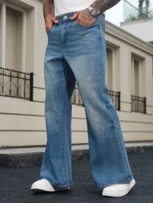 Manfinity LEGND Rhinestone Embellished Flared Jeans For Men & Women, All Season Business Casual Regular Washed Blue Slim-Fit Hunting Urban For Distressed Jeans