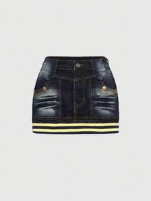 ROMWE J-Fashion Y2K 机车风豹纹罗纹腰牛仔迷你裙 - 藏蓝色 - 查看 1