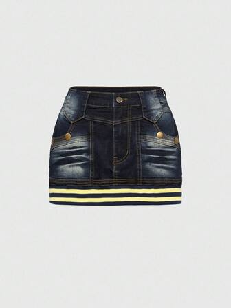 J-Fashion Minifalda de mezclilla con estampado de leopardo y cintura acanalada, estilo biker chic Y2K