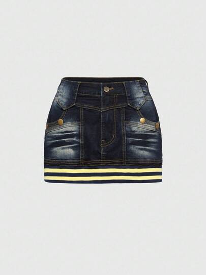 J-Fashion Minigonna di jeans con vita a costine e stampa leopardata, stile biker alla moda Y2K