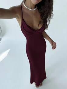 Aloruh Women's Solid Color Minimalist Everyday Cross-Tied Dress,Wedding Guest Dress Women - Maroon - View 7