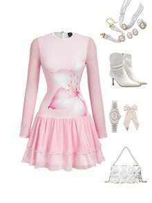 SHEIN MOD Pink Floral Cute Tea Party Autumn Women's Dreamy Oversized Mesh Long Sleeve Slim Dress,Double-Layered Cake Skirt,Date,Prom,Birthday Outfit - Pink - View 3