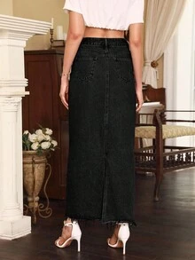 Selenza Women's High Waist Pocketed Long Casual Denim Midi Skirt - Black - View 2