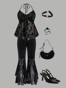 SHEIN MOD Top sexy con cuello halter y estampado floral para mujer de talla grande, color negro, perfecto para el otoño, ropa interior con cuello halter - Negro - Ver 1