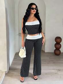 SHEIN SXY 复古黑白波尔卡圆点 Y2K 2000 年代街头潮流两件套，波尔卡圆点两件套，女式两件套裤子，女式夏季两件套，女式两件套服装，裤子两件套，外出，波尔卡圆点，女士早午餐服装，可爱 - 黑與白 - 查看 3