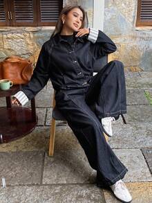 DAZY 女士宽松牛仔夹克，有领，撞色条纹袖口和直筒牛仔裤休闲套装 - 深色水洗藍 - 查看 6