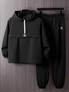 SHEIN Teen Boys Basic Pull Top Jacket Set Casual Street Fashion Solid Color Decorated Details Versatile Comfortable Plain Long Sleeve Hoodie Half Zip Jacket And Drawstring Pants Set, Suitable For Commuting, School, Casual, Travel, Sports, Party, Autumn/Winter Teen Boys Tracksuit Set Boys Casual Set Kids Boys Sport Wear Fall Autumn And Winter Clothes