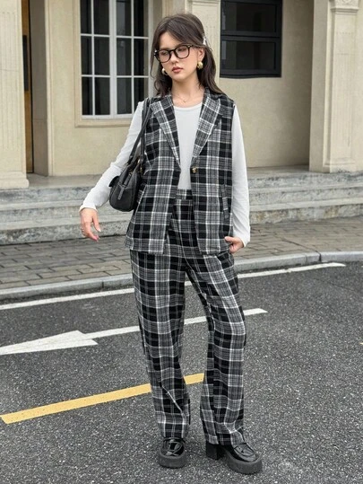Bộ 3 món áo ba lỗ kẻ caro, quần dài, áo khoác cho bé gái tuổi teen