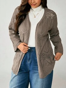 EMERY ROSE Elegant Mature Hollow Floral Pattern Cardigan, No Buttons - Mocha Brown - View 7