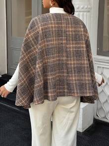 SHEIN LUNE Plus Size Plaid Print Cutout Cloak Button Decor Elegant Casual Jacket Fall Winter Cloth For Women Autumn - Brown - View 2