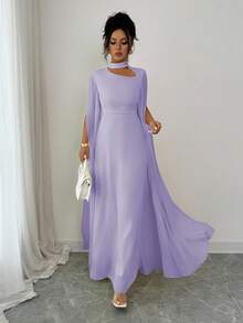 Elenzga 女士优雅法式浪漫度假风沙滩裙，雪纺透明面料，镂空领口，后背交叉系带，喇叭长裙，长袖，开衩袖口，适合下午茶、派对、中东风格、春夏季 - 紫丁香色 - 查看 6