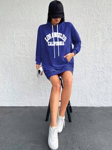Cottnline Cotton Letter Graphic Pocket Drop Shoulder Drawstring Hoodie Dress Summer Hoodie Dress Oversized Sweatshirt Oversized Hoodie Hoodies Dress