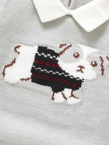 1 件婴儿针织连体衣，可爱小狗提花设计，长袖连体衣，时尚休闲又可爱 - 灰色 - 查看 5