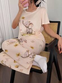 Napfluff Bộ đồ ngủ dệt kim tay ngắn in hình chú voi dễ thương, Bộ đồ ngủ hình voi cổ tròn, Bộ đồ ngủ hai mảnh, Bộ đồ ngủ dễ thương, Bộ đồ ngủ họa tiết hoa, Bộ đồ ngủ nữ, Chi tiết ấm áp và thanh lịch - Nhiều màu - Xem 5