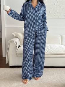 DAZY Geometric Floral Print Satin Women Pajama Set, Fall Winter Clothes - Blue - View 7