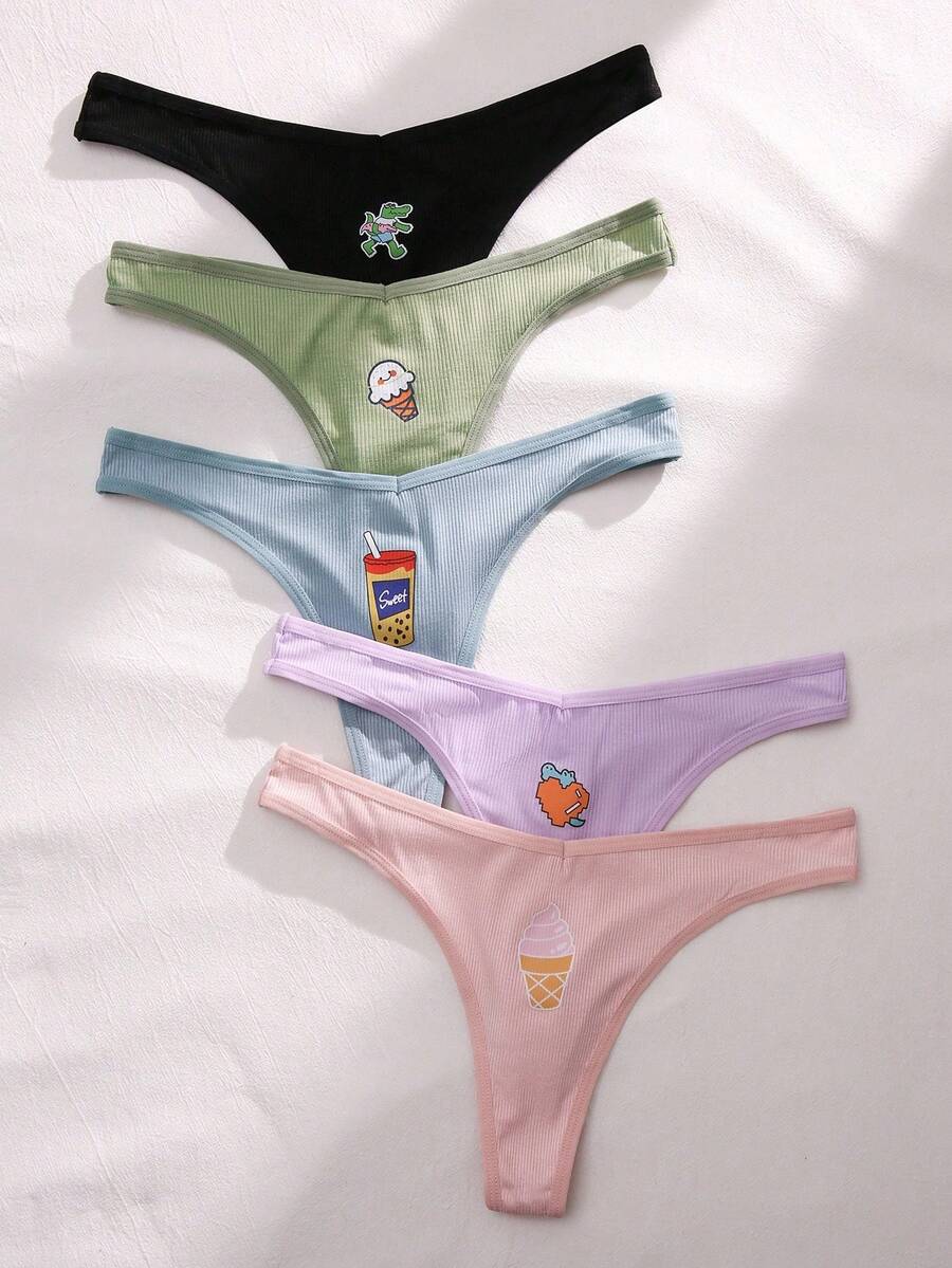 PetitDoll Paquete de 5 bragas tipo tanga con estampado de dibujos animados lindos de mujer, tejido jacquard - Multicolor - Ver 1