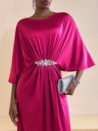 Zivah 2025 Early Autumn/Winter New Styles For Birthday Parties, Graduation Season, Daily Outings, Basic, Versatile, Casual Vacation, Cruise Travel, Internet Celebrity Bestters, Casual And Elegant, Commuting, Casual Street Party, Sexy Round Neck, Bat Sleeves, 1/3 Sleeves, Waist Diamond Decoration, Slim And Loose Long Dress, V-Neck At The Back, Rose Purple Shiny Knitted Fabric, Women's Super Long Dress -A