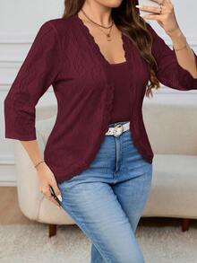 SHEIN Clasi Plus Size Women Textured Knit Jacket, Autumn