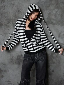 Bloopia Sudadera con capucha de punto estilo coreano casual con rayas jacquard y decoración de orejas de conejo, ajuste holgado, adecuada para mujeres en otoño/invierno y Halloween