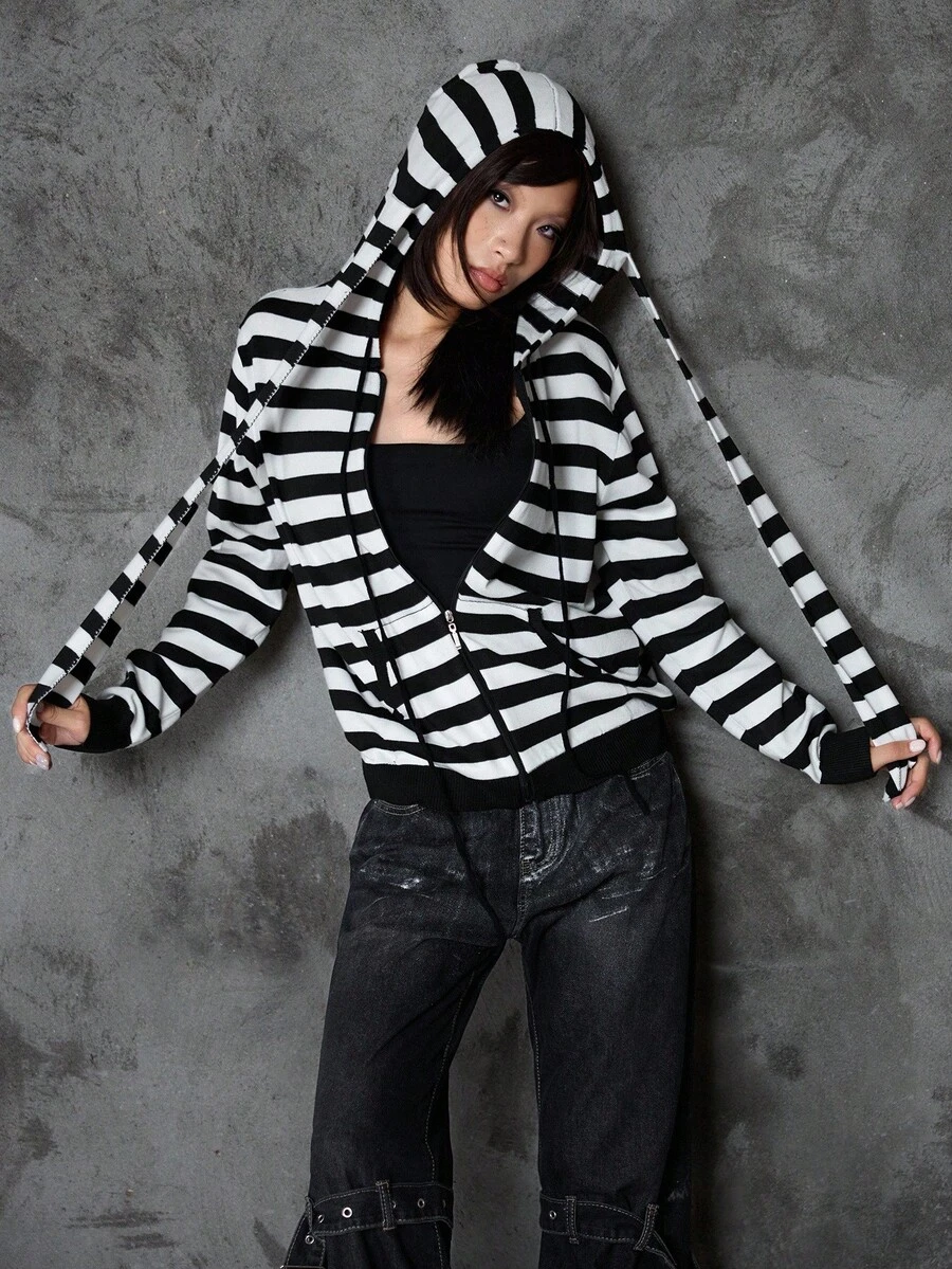 Bloopia Sudadera con capucha de punto estilo coreano casual con rayas jacquard y decoración de orejas de conejo, ajuste holgado, adecuada para mujeres en otoño/invierno y Halloween