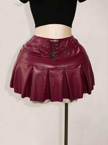 SHEIN ICON Plus Size Leather Belt Buckle Metal Decor Waist Pleated Mini Skirt Burgundy Rave 90s Autumn Sexy Fall Concert - Burgundy - View 1