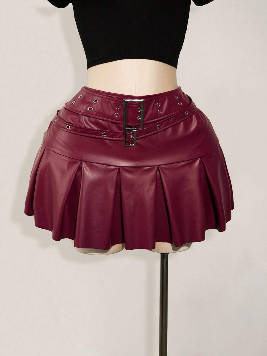 SHEIN ICON Plus Size Leather Belt Buckle Metal Decor Waist Pleated Mini Skirt Burgundy Rave 90s Autumn Sexy Fall Concert - Burgundy - View 1