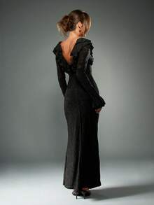 MISSGUIDED 优雅 V 领喇叭袖荷叶边长裙哥特式维多利亚长袖黑色正式晚礼服复古风格特殊场合礼服 - 黑色 - 查看 2