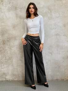 Sweetra 女式修身休闲PU喇叭裤，秋冬 - 黑色 - 查看 4