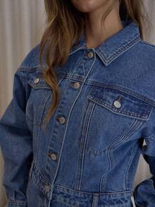 MUSERA Bộ jumpsuit denim tay phồng dáng rộng ống loe, chi tiết đường may, phong cách đường phố sang trọng, gợi cảm, thích hợp cho mùa thu thu, đi chơi đêm, xuân hè. - Rửa trung bình - Xem 6