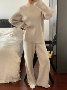 DAZY Women's Casual Solid Color Crew Neck Sweater And Pants 2-Piece Set, Autumn