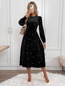 SHEIN LUNE Vestido largo de terciopelo casual con cuentas para mujer, vestido de terciopelo con adornos de perlas, vestido de terciopelo elegante, vestido midi negro, vestido elegante de manga larga, vestido midi elegante, vestido de terciopelo negro, vestido de fiesta de carnaval, conjunto de fiesta para mujer, vestido negro, vestido de otoño para mujer - Negro - Ver 8