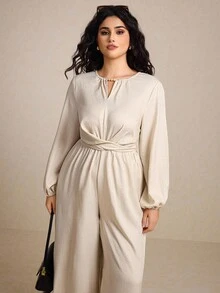 Elaquor Plus Size Women's Solid Color Keyhole Neck Lantern Sleeve Wide Leg Casual Jumpsuit Long Sleeve Jumpsuit Jumpsuits For Women Plus Size Jumpsuit Women Jumpsuit Wide Leg Jumpsuit - Apricot - View 3