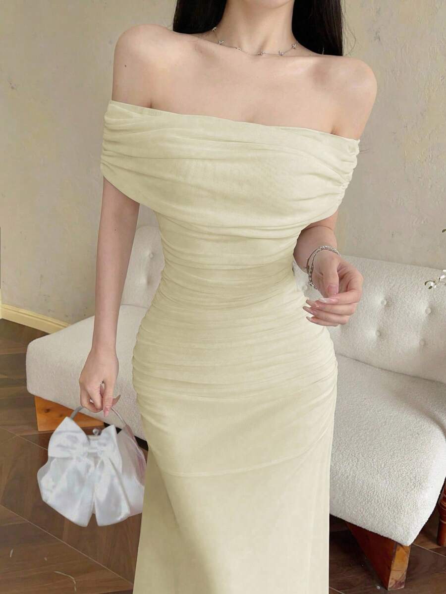 Modelyn Váy cưới/tiệc tùng trễ vai nhún eo thanh lịch cho nữ - Màu be - Xem 1