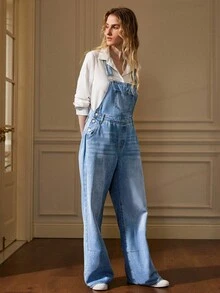 Écloséra Women's Casual Washed Loose Denim Bib Pants - Medium Wash - View 4