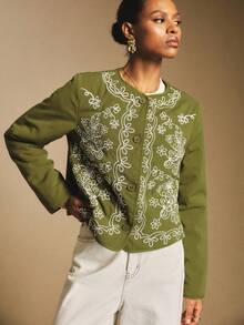 Poéselle 女士休闲复古保暖长袖纽扣式棉服 - 軍綠色 - 查看 4