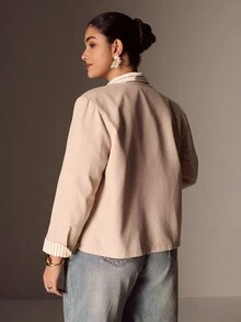 EMERY ROSE 大码女式休闲条纹拼布西装外套，适合通勤、街头风格、简约时尚、万圣节、日常穿着 - 卡其色 - 查看 2