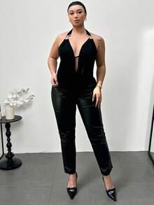 Firerie Damen Große Größen Lässig Elegant Urlaubs Vielseitig Einfach Elastisch Glänzend Chiffon Drapierte Hals Metall Dekor Trägerhemd mit abnehmbaren Ärmeln, Frühling/Sommer/Frühherbst - Schwarz - Übersicht 3