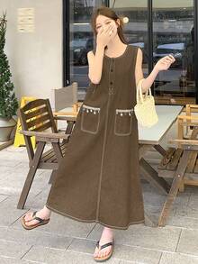 DAZY 女士休闲宽松无袖牛仔连衣裙，适合春夏穿着的百搭连衣裙 - 咖啡 - 查看 1